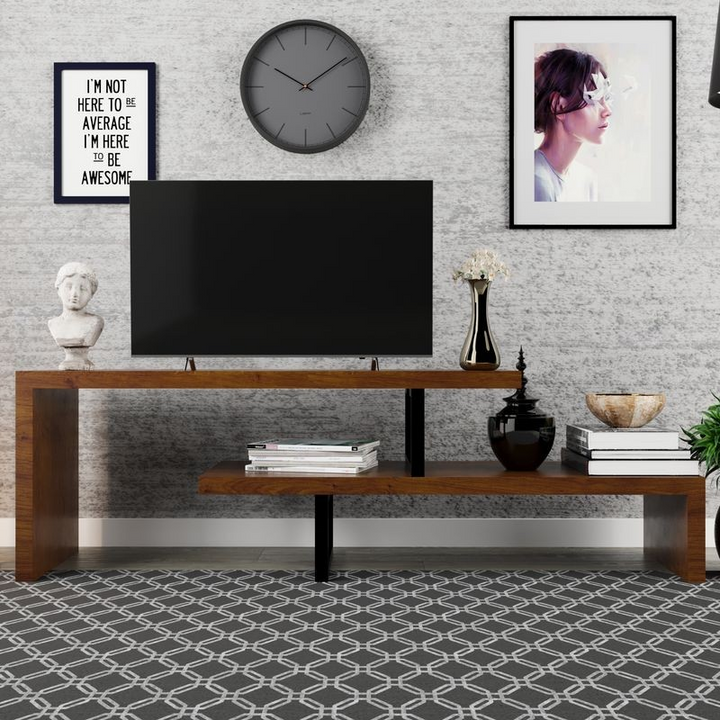 LeisureMod Orford Mid-Century Modern TV Stand with MDF Shelves and Powder Coated Iron Legs in Walnut Front View.