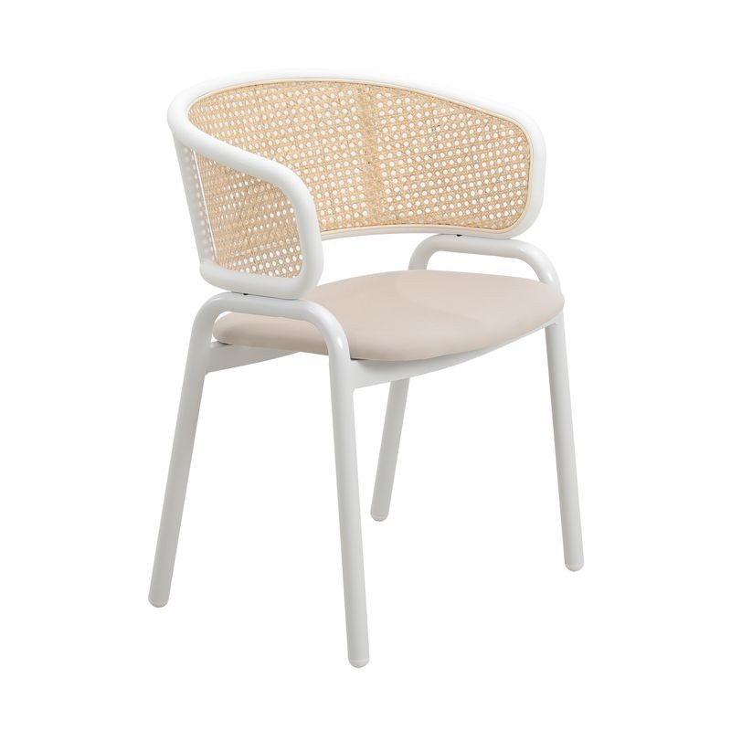 Leisuremod Ervilla Modern Dining Chair with White Powder Coated Steel Legs and Wicker Back Beige Facing Right.