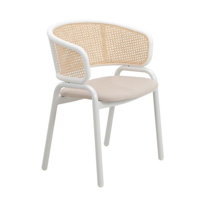 Leisuremod Ervilla Modern Dining Chair with White Powder Coated Steel Legs and Wicker Back Beige Facing Right.