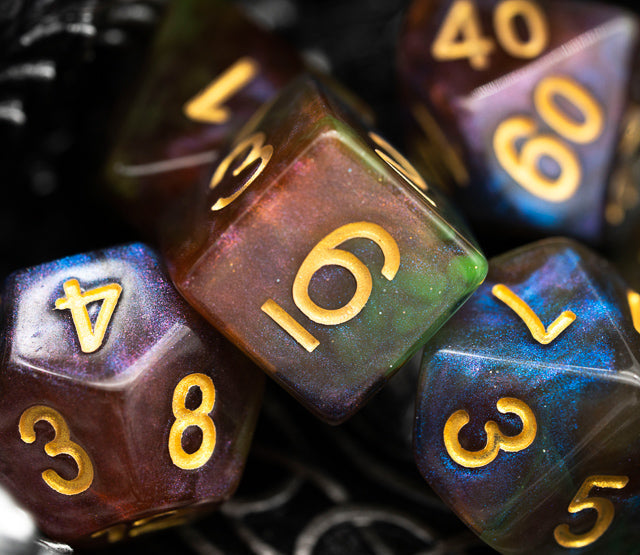 Purple & Green w/gold Galaxy Glitter 7-Dice Set RPG