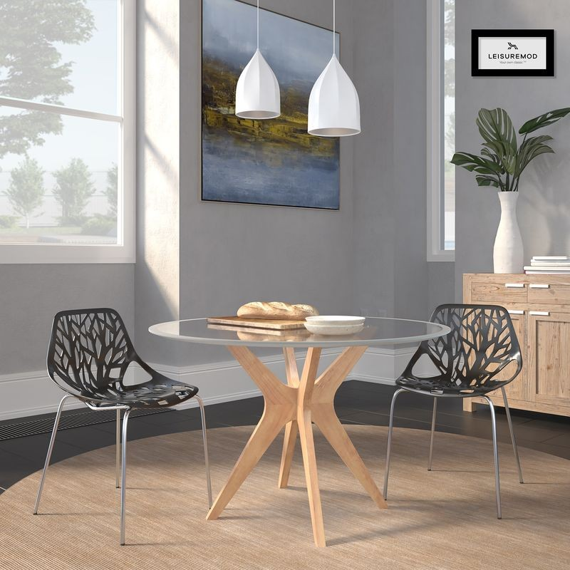 LeisureMod Modern Asbury Dining Chair w/ Chromed Legs, Set of 2 Black at Table.