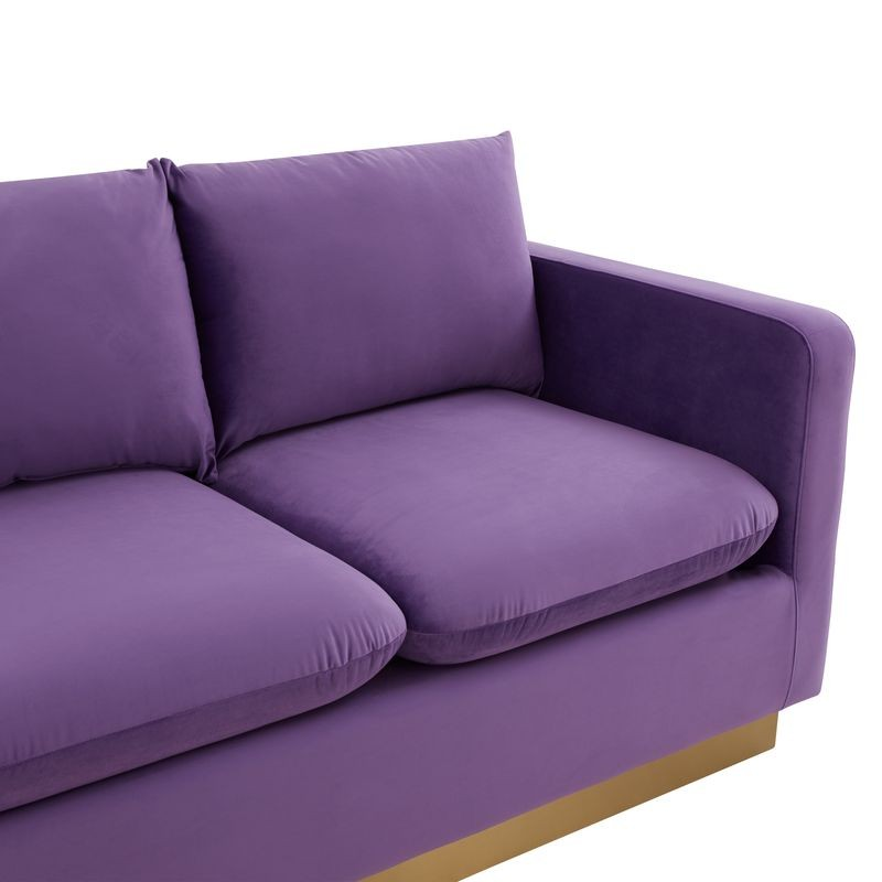 LeisureMod Nervo Modern Mid-Century Upholstered Velvet Sofa with Gold Frame Purple Closeup.