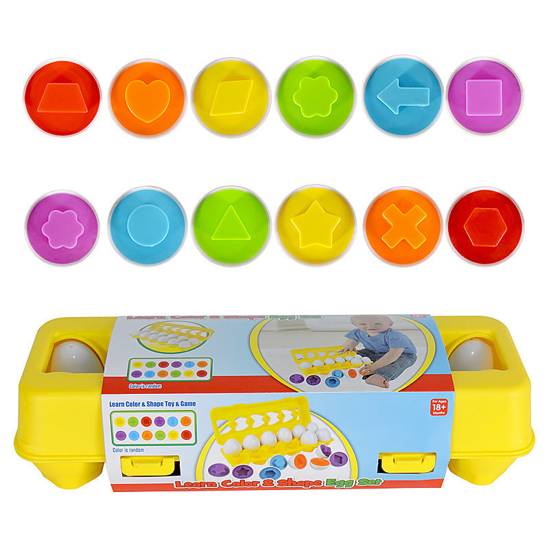 Colorful shape sorting toy set with packaging on a white background.