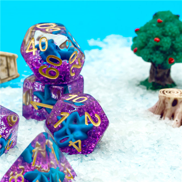 Purple w/Blue Starfish Dice 7-Dice Set Resin Dungeons and Dragons Dice
