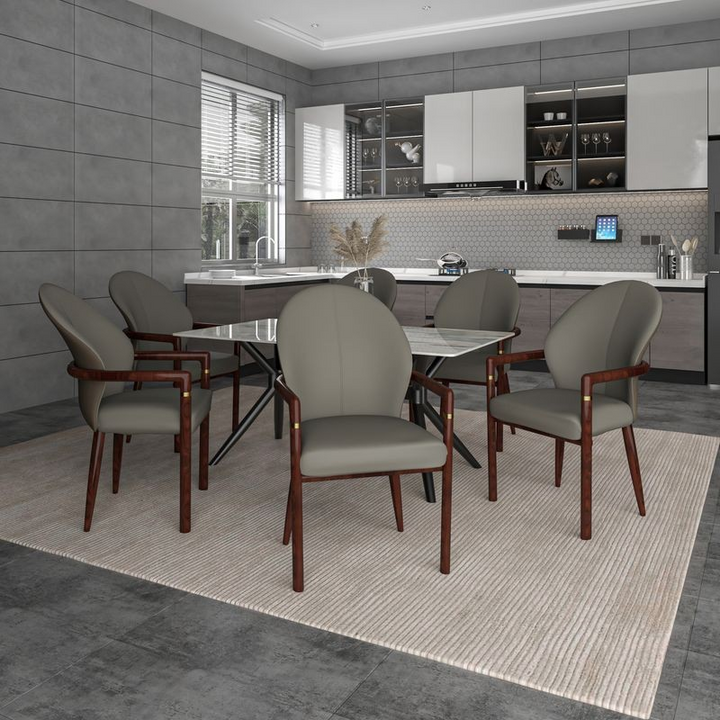 LeisureMod Opaline Series Elegant Wooden Dining Chair in Two-Tone Khaki at Table.