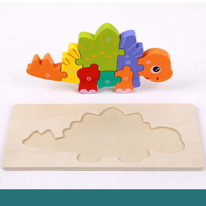 Colorful dinosaur-shaped wooden puzzle on a white background.