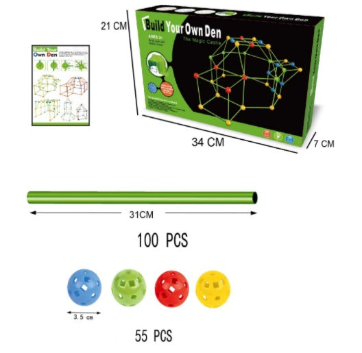 Children's building set packaging with dimensions and components displayed.