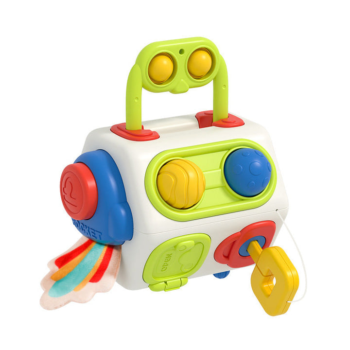 Colorful toy with various buttons and a pull tab on a white background.