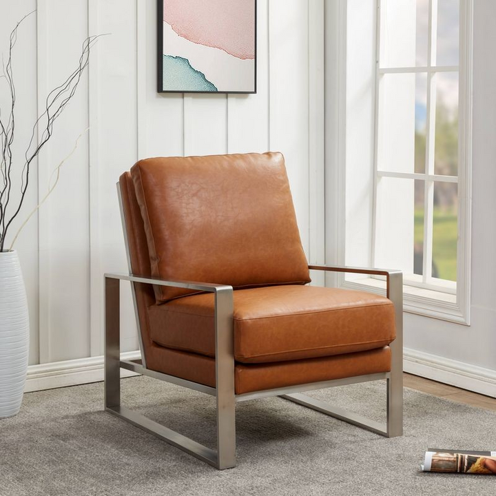 LeisureMod Jefferson Leather Modern Design Accent Armchair with Elegant Silver Frame Cognac Tan with Background.