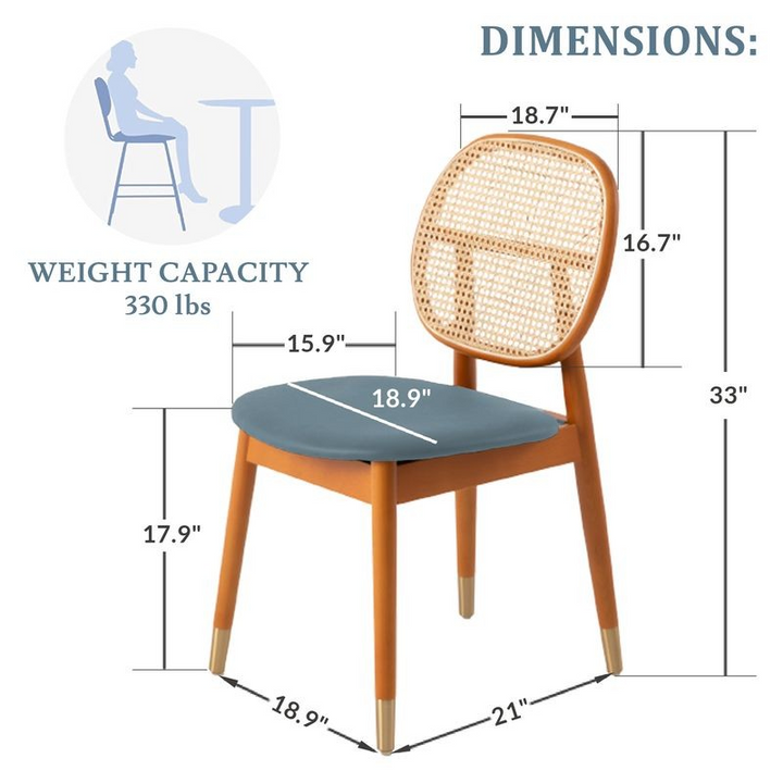 Chair with dimensions and weight capacity information on a white background.