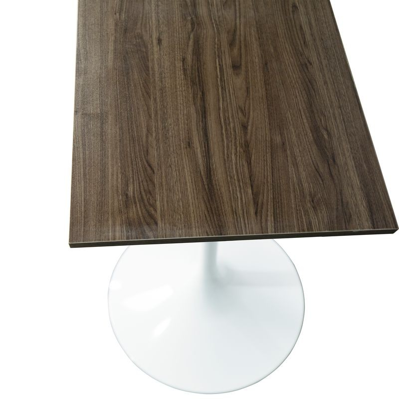 LeisureMod Verve Collection 24 Square Top Bar Height Table, White Base with Dark Maple MDF Top Closeup.