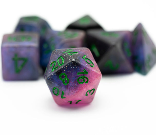 Purple & Blue w/green Galaxy Glitter 7-Dice Set RPG