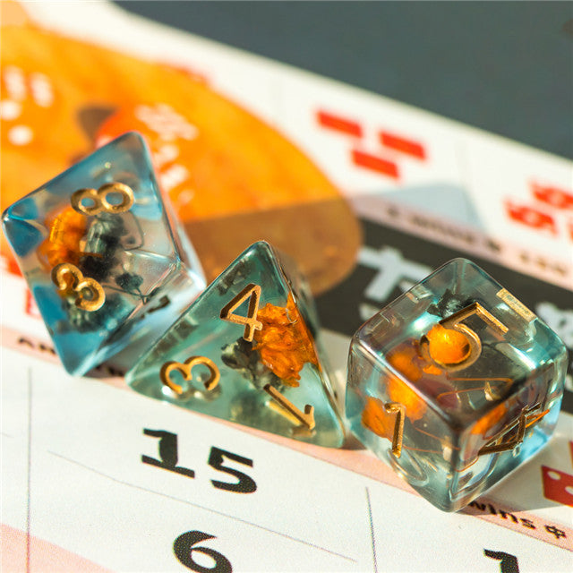 Orange & Grey Flower Dice  7-Dice Set Resin Dungeons and Dragons Dice (Gypsophila / Baby's-Breath)