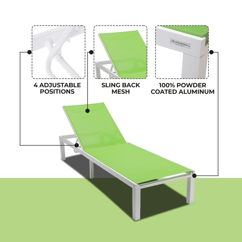 LeisureMod Marlin Patio Chaise Lounge Chair with White Aluminum Frame Green Details.