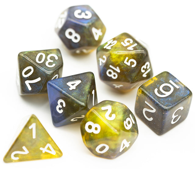 Yellow & Blue w/white Galaxy Glitter 7-Dice Set RPG