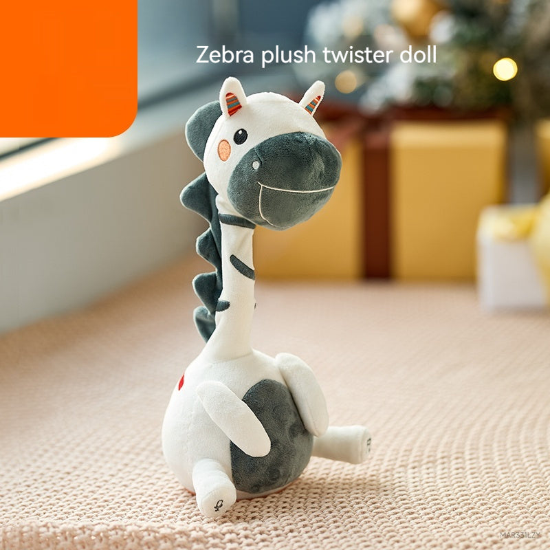Zebra plush twister doll on a textured surface with a blurred background.