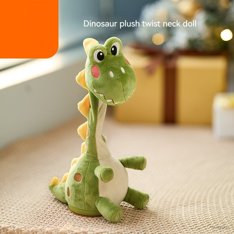 Green dinosaur plush toy with a twist neck on a textured surface, blurred indoor background.