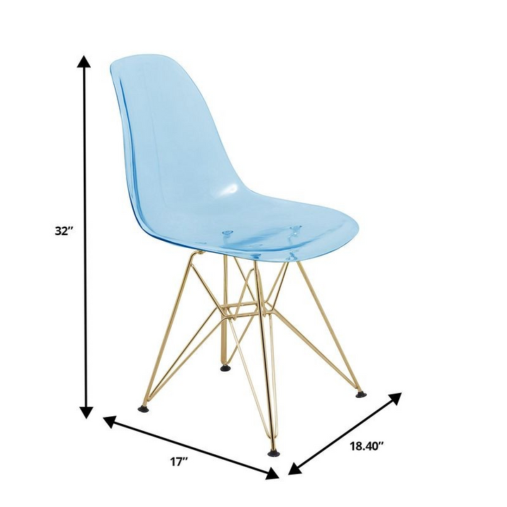 LeisureMod 5-Piece Dining Set with 35" Round Dining Table in White Iron Pedestal Base and 4 ABS Plastic Side Chair with Gold Base Transparent Blue Chair Dimensions.
