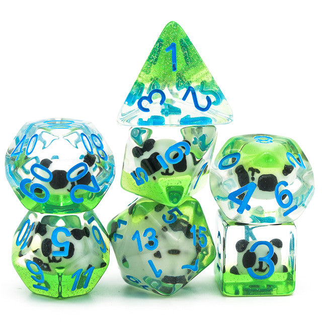 Panda on Green Field w/ Glitter 7-Dice Set