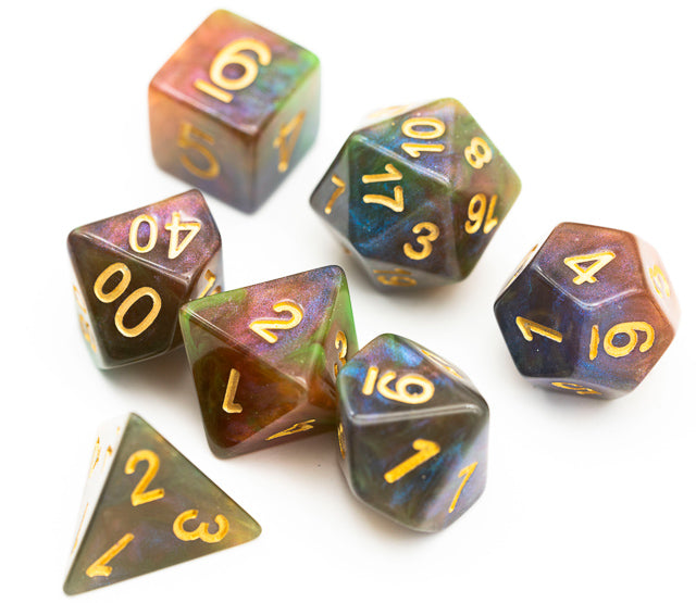 Purple & Green w/gold Galaxy Glitter 7-Dice Set RPG