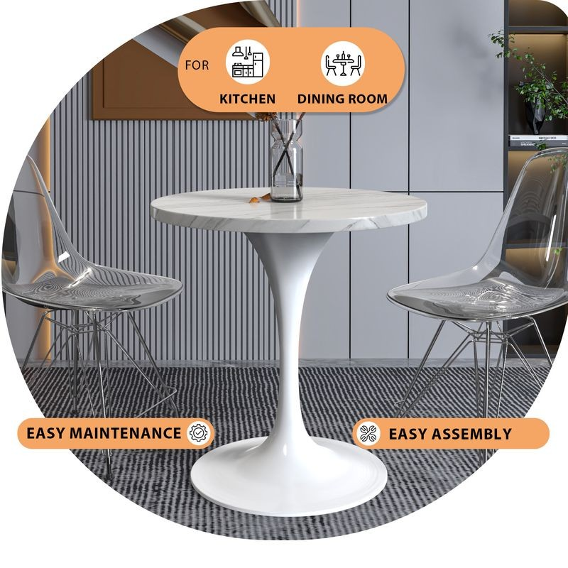 LeisureMod Verve Collection 27 Round Dining Table, White Base with Sintered Stone White Top Description.