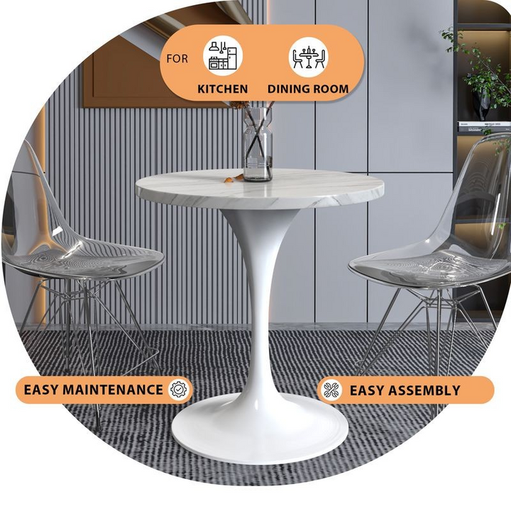 LeisureMod Verve Collection 27 Round Dining Table, White Base with Sintered Stone White Top Description.