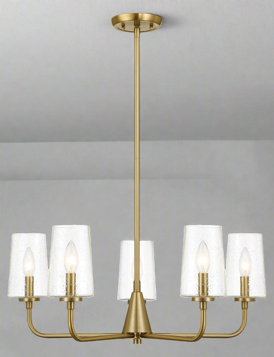 Dazzle Five Lights Chandelier with Clear Seeded Glass and Satin Brass Closeup