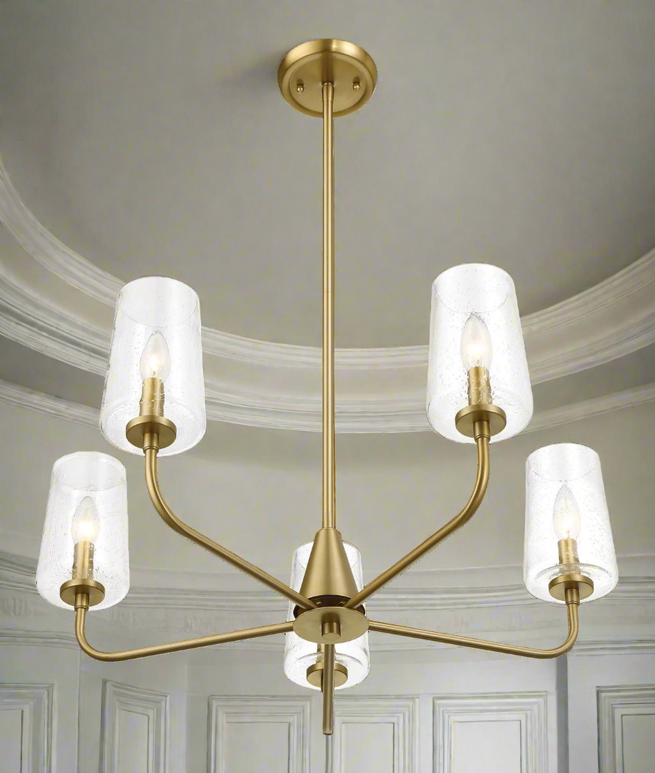 Dazzle Five Lights Chandelier with Clear Seeded Glass and Satin Brass Underside