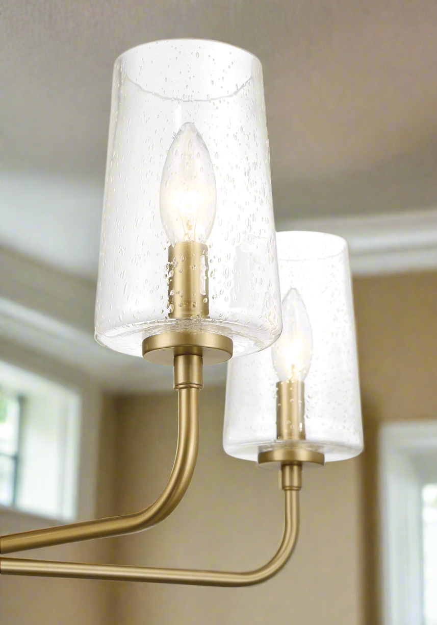 Dazzle Five Lights Chandelier with Clear Seeded Glass and Satin Brass Zoomed In.