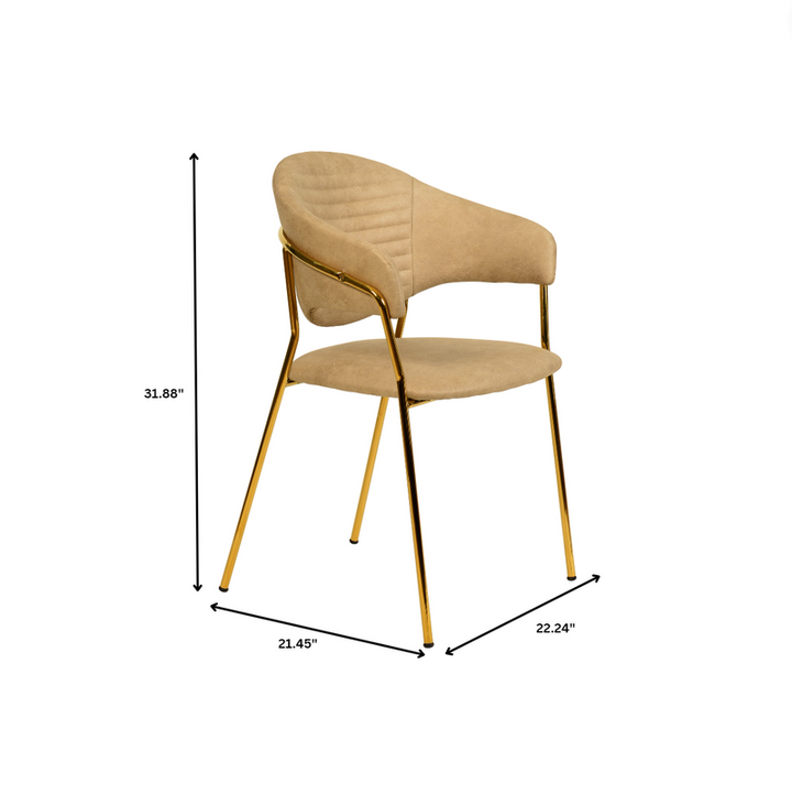 Beige chair with gold legs and dimensions on a white background.