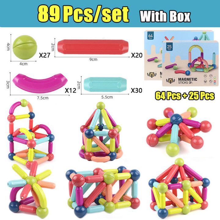 Colorful magnetic building sticks set with box, showing pieces and structures.