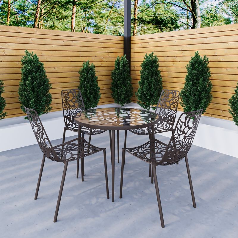 LeisureMod Devon Mid-Century Modern 5-Piece Aluminum Outdoor Patio Dining Set with Tempered Glass Top Table and 4 Stackable Flower Design Chairs Brown
