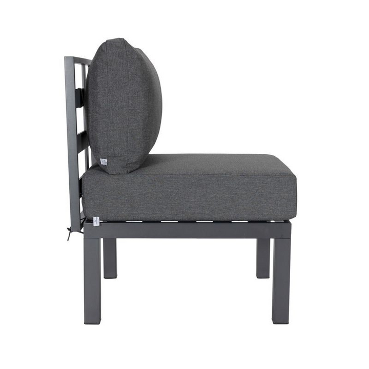 LeisureMod Chelsea 7-Piece Patio Sectional and Coffee Table Set Black Aluminum with Cushions Black Chair Side View.