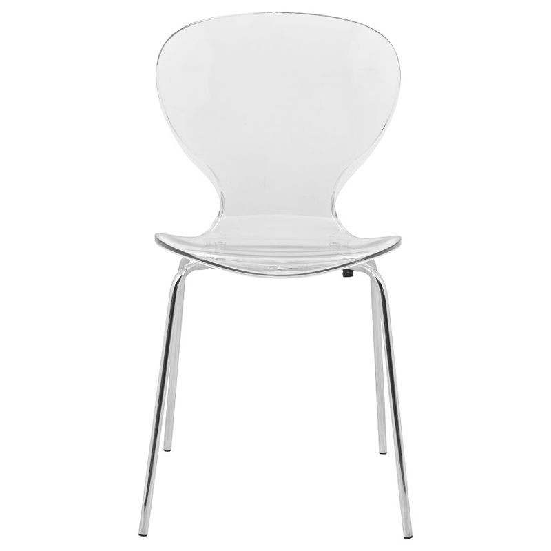 LeisureMod 5-Piece Dining Set Round White MDF Dining Table and 4 Plastic Dining Chairs with Chrome Legs Clear Chair Front View.