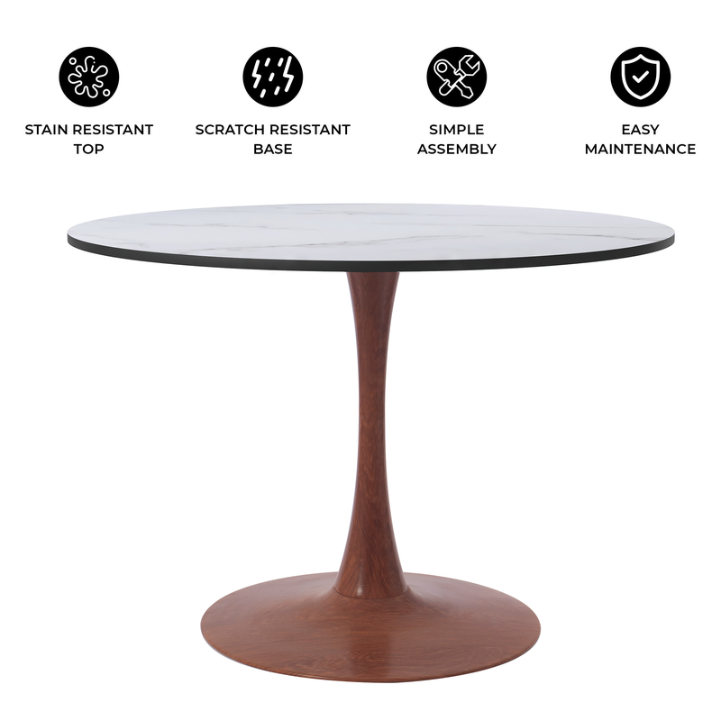 LeisureMod Bristol 40" Round Dining Table Wood Transfer Cherry Base with MDF Marbled White Top Details.