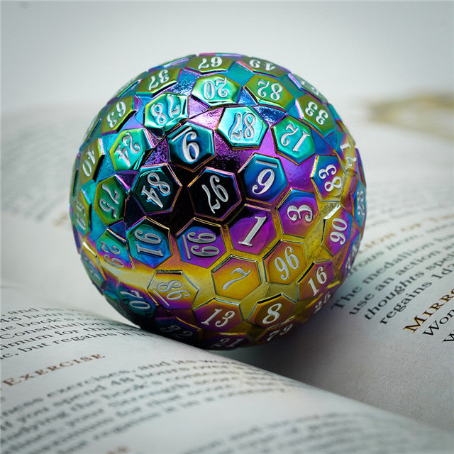Rainbow Metal Single 100 Sided Polyhedral Dice (D100) | w/ White Color (45mm)
