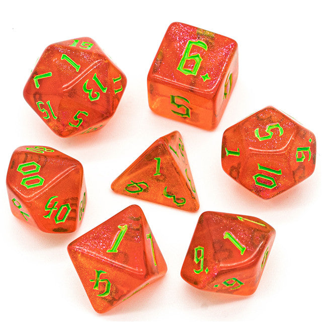 Strawberry Red Glitter Party Glitter Dice (Green font) 7-Dice Set RPG DND
