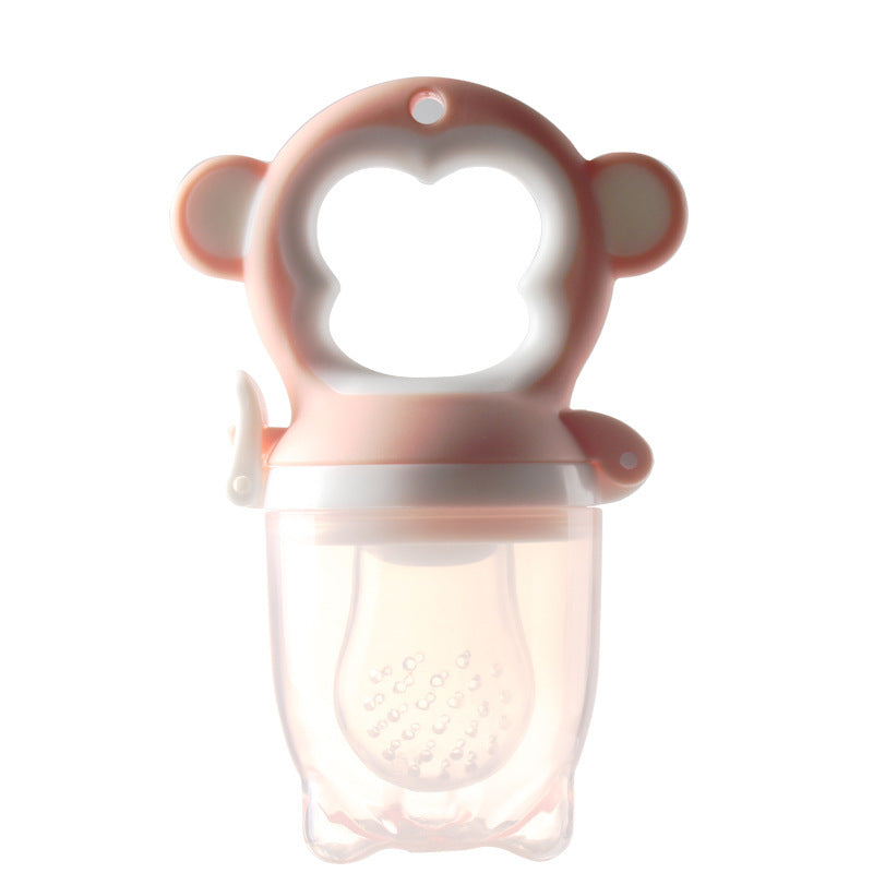 Pink monkey-shaped fruit pouch on a white background.