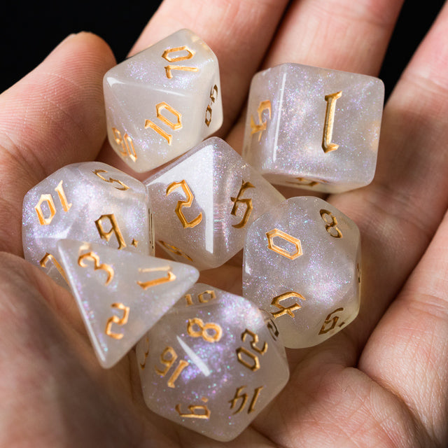 Glitter Party White Glitter Dice (Gold font) 7-Dice Set RPG DND