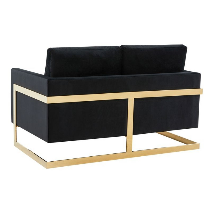 LeisureMod Lincoln Modern Mid-Century Upholstered Velvet Loveseat with Gold Frame Midnight Black Back View.