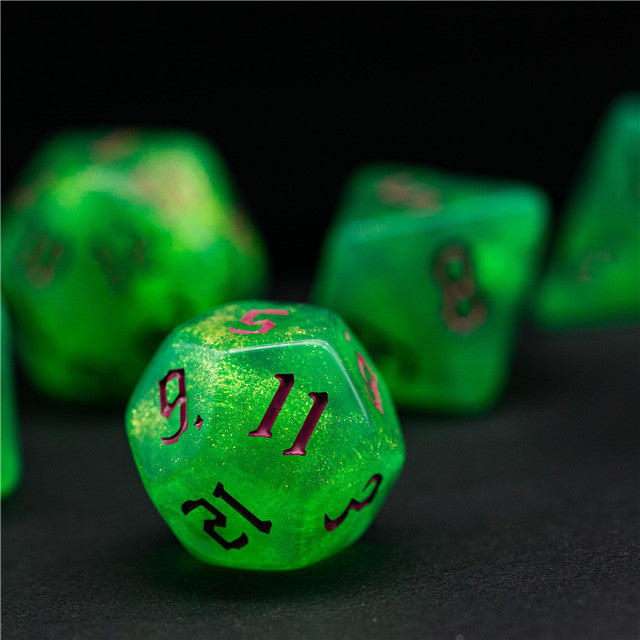 Green Glitter Party Glitter Dice (Pink font) 7-Dice Set RPG DND