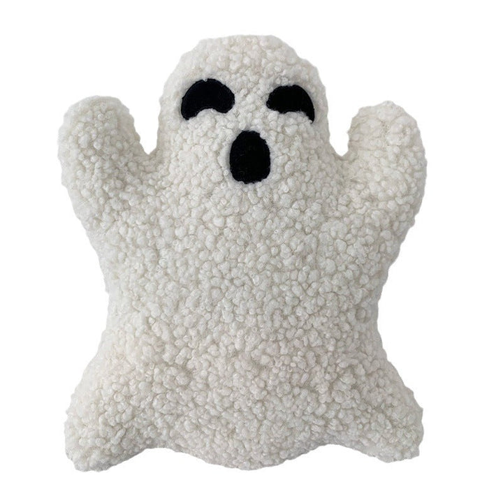 White ghost-shaped plush toy with black eyes and mouth on a white background.