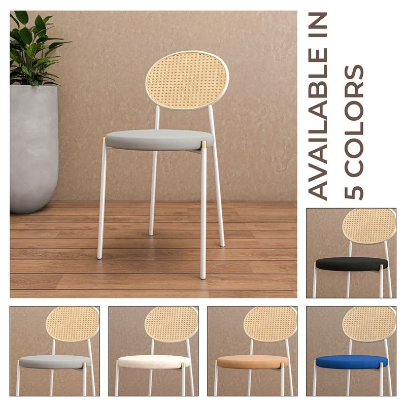Chair with wicker backrest and gray seat on a wooden floor, with color options displayed.