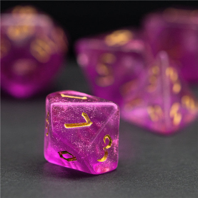 Violet Glitter Party Glitter Dice (Gold font) 7-Dice Set RPG DND