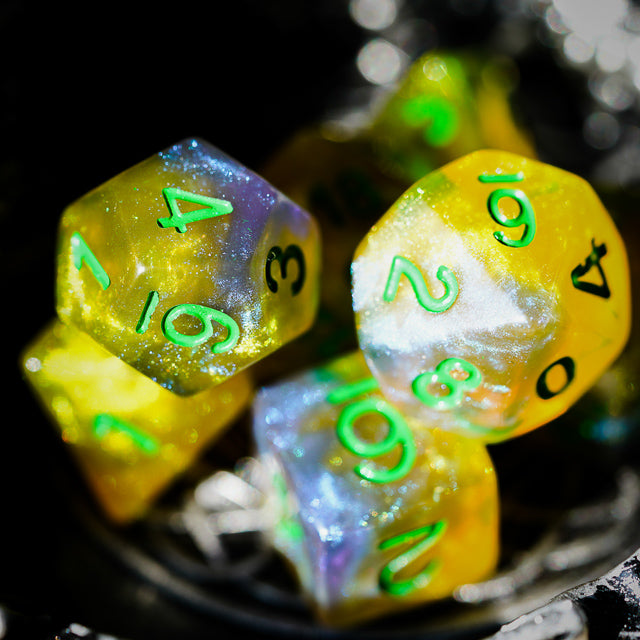 Blue & Yellow w/green Galaxy Glitter 7-Dice Set RPG