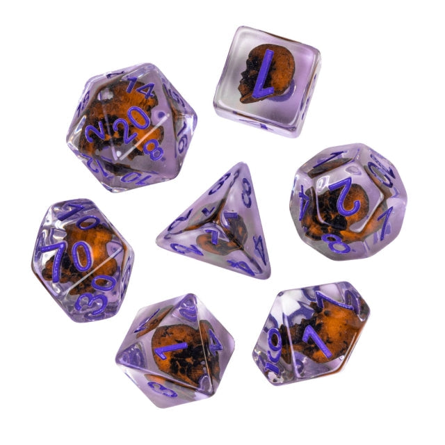 Orange Skull Dice | Clear RPG 7-Dice Set w/ Purple Numbers