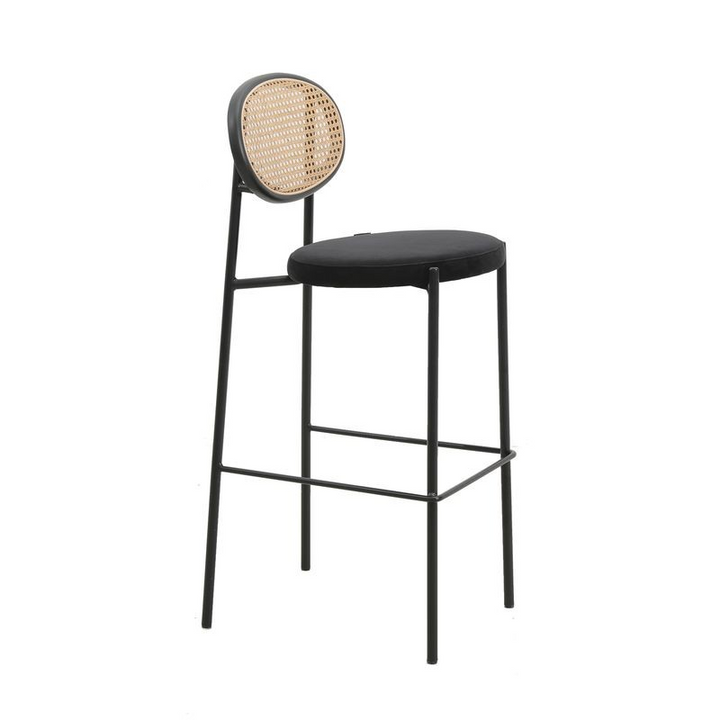 LeisureMod Euston Modern Wicker Bar Stool with Black Steel Frame in Black
