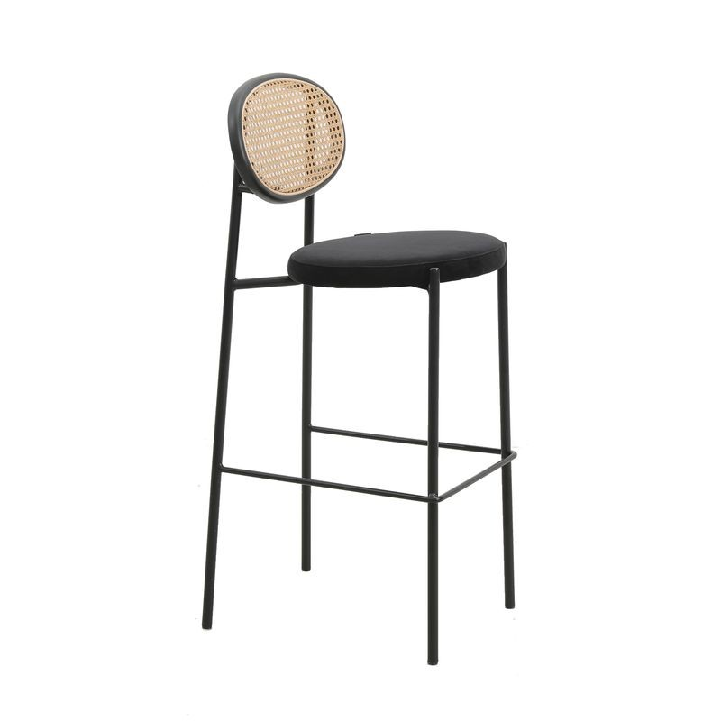 LeisureMod Euston Modern Wicker Bar Stool with Black Steel Frame in Black
