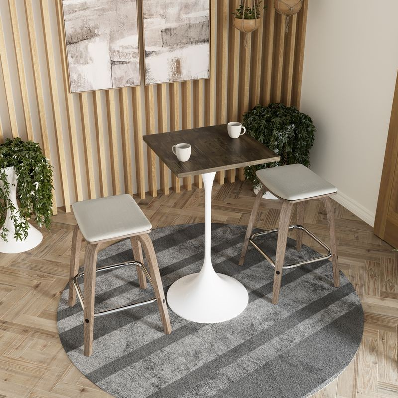 LeisureMod Verve Collection 24 Square Top Bar Height Table, White Base with Dark Maple MDF Top with Chairs.