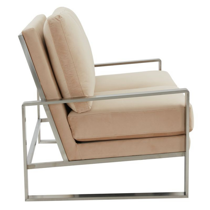 Leisuremod Jefferson Contemporary Modern Velvet Loveseat with Silver Frame Beige Side View.